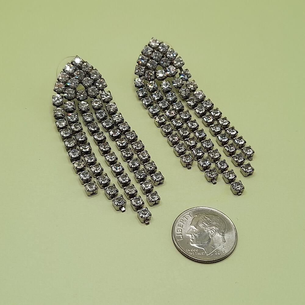 Vintage Clear Rhinestone Fringe Post Earrings, 1980s, 2 1/2 Inches - Picture 8 of 9